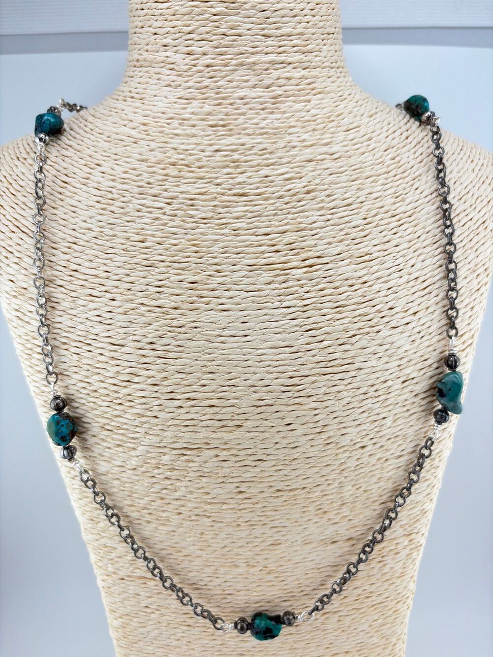 Handcrafted Artisan Made Turquoise Nugget and Oxidized Silver Chain Necklace